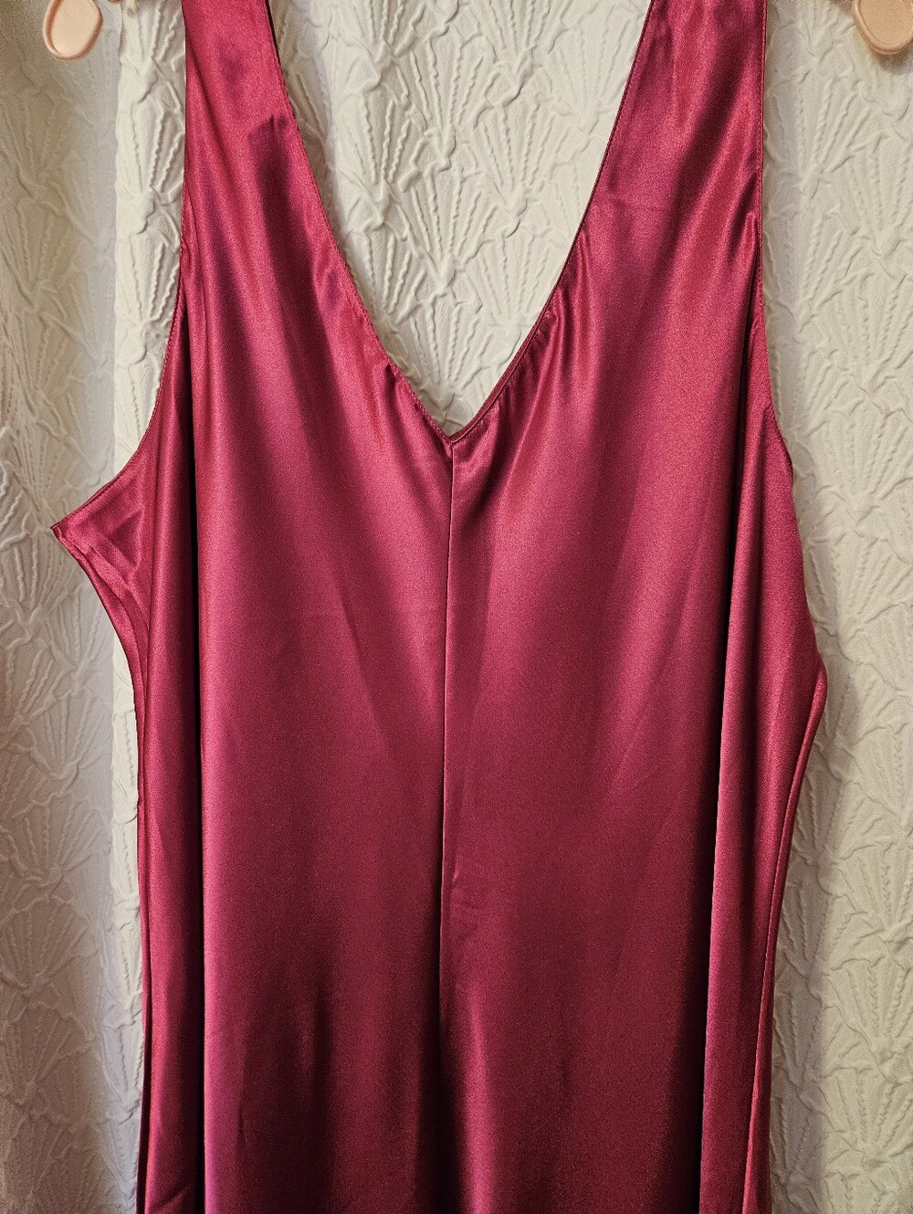 Silky V-Neck Burgundy Satin Slip Dress with Floral Embroidery - Picture 5 of 10